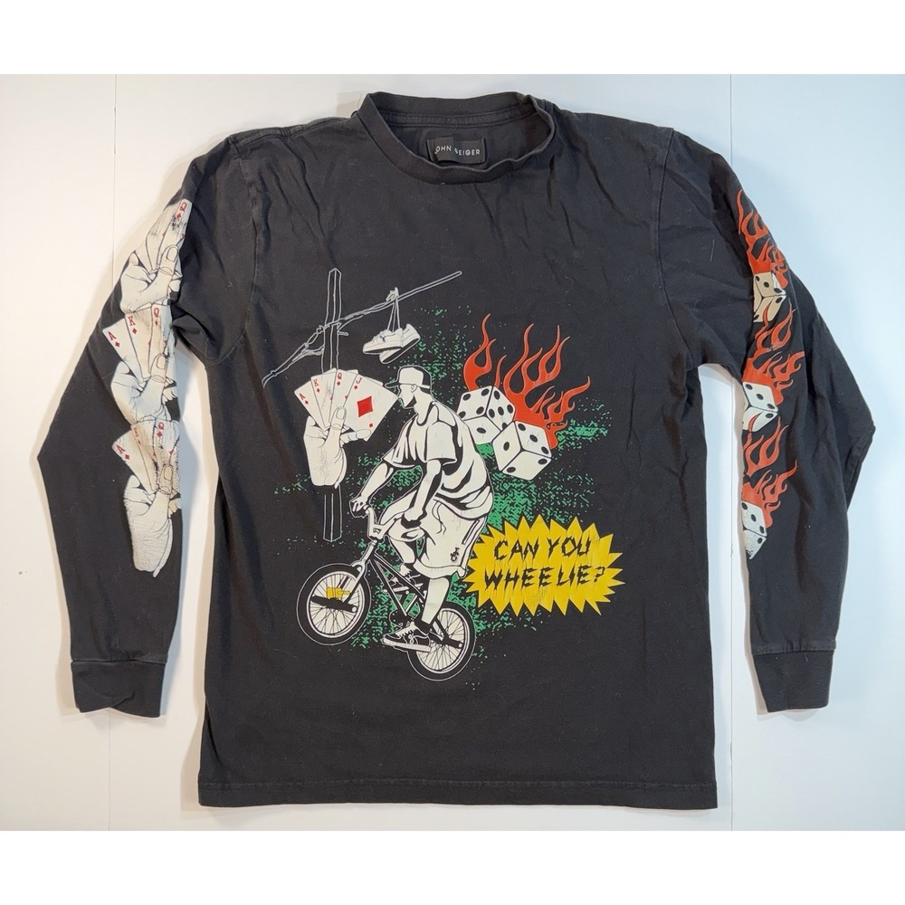 John Geiger Long Sleeve T Shirt Can You Wheelie Dice Flames Graphic Tee M